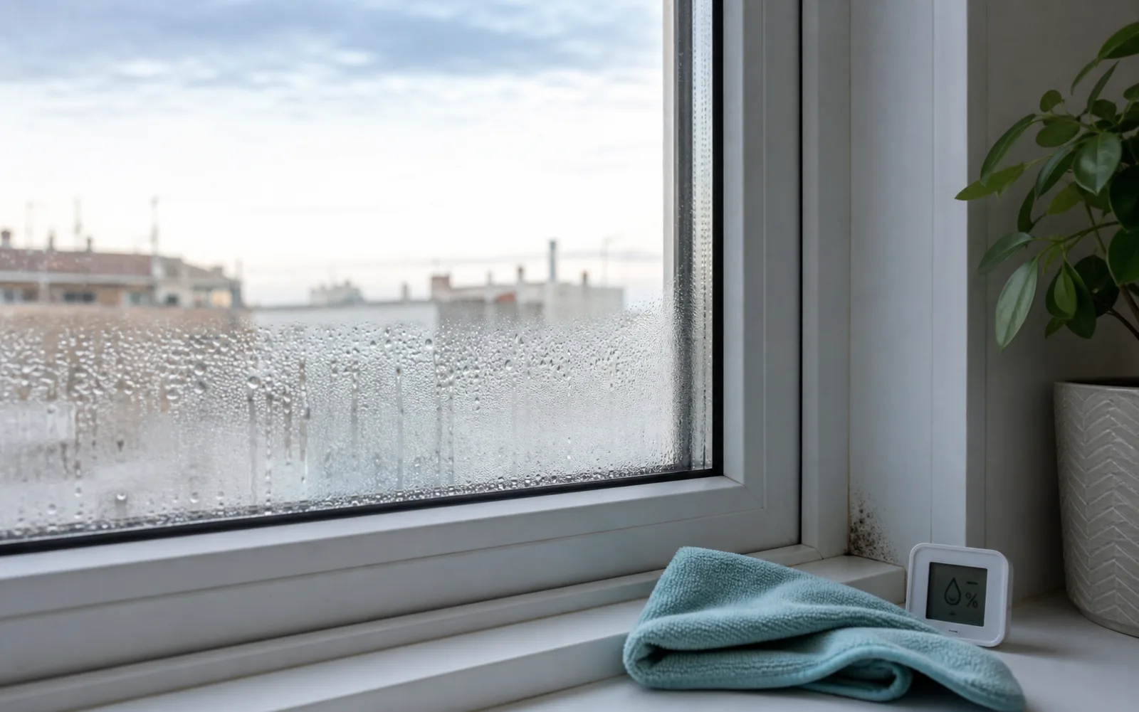 Condensación en una ventana y pequeño foco de moho en la junta