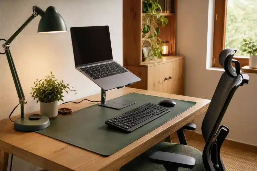 Puesto de trabajo en casa con portátil elevado, teclado externo y lámpara de escritorio