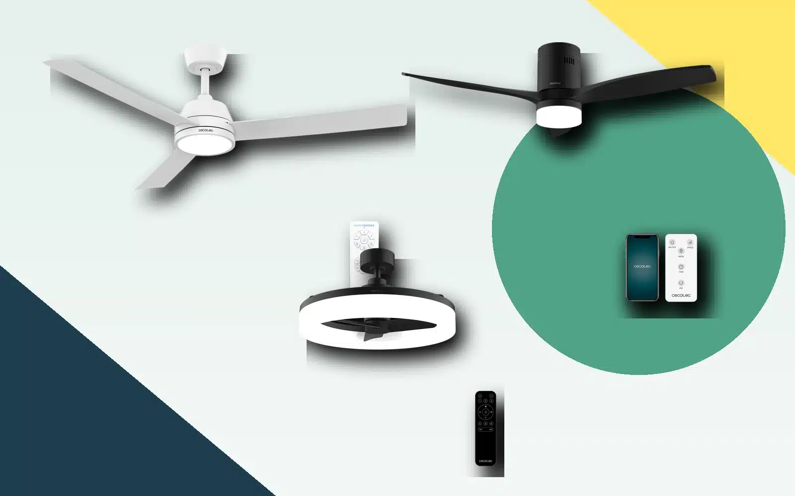 Ventiladores de techo Cecotec EnergySilence Aero sobre fondo gráfico