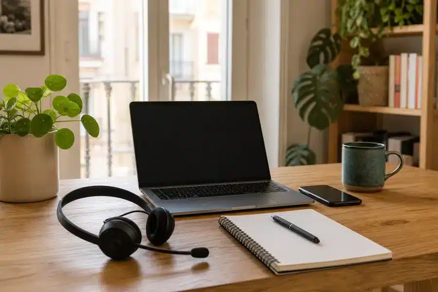 Escritorio preparado para videollamadas y llamadas de trabajo desde casa