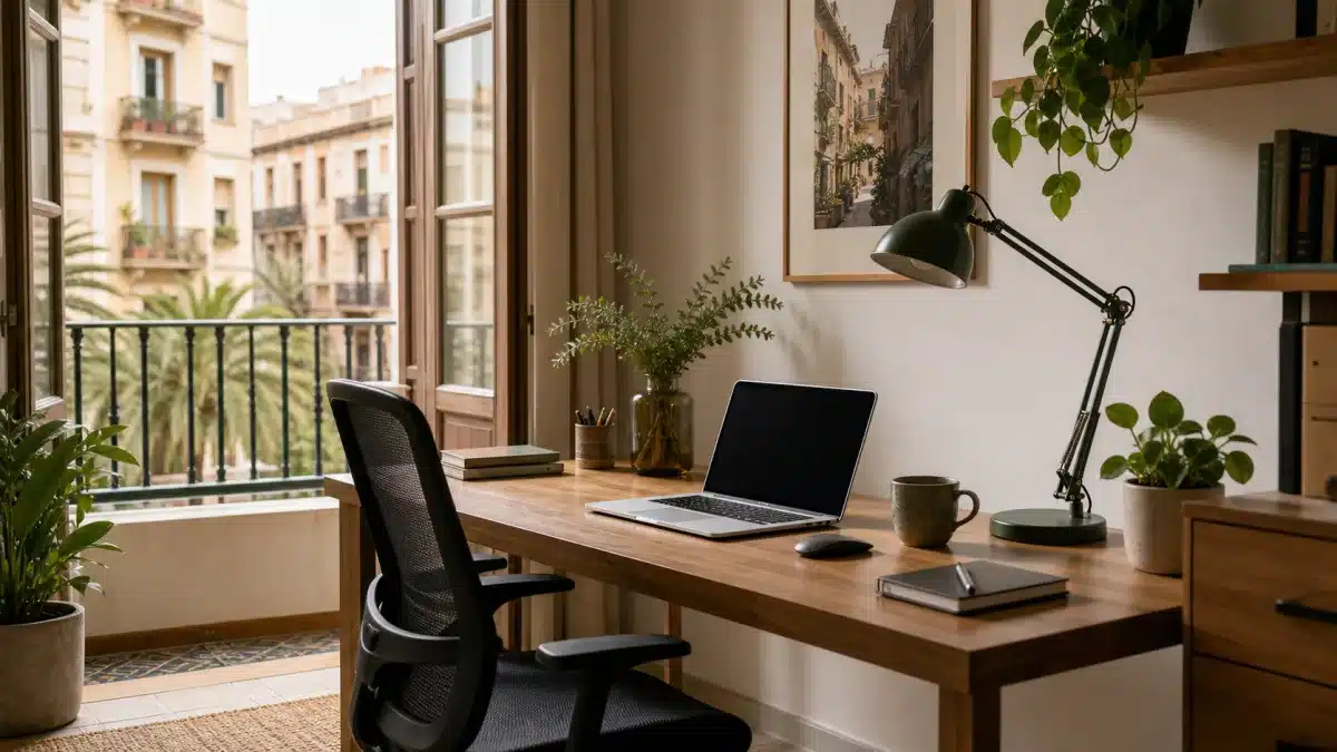 Oficina en casa cómoda con escritorio, portátil, silla ergonómica y luz natural